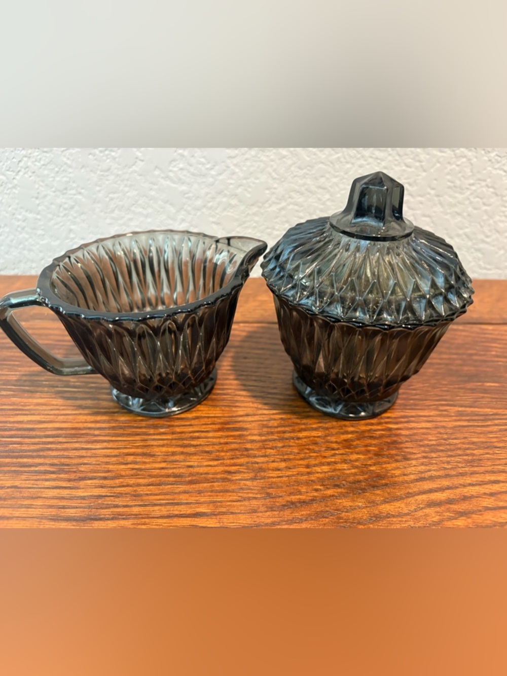 Rare Libbey Glass Co. Cream & Sugar Set Black / Smoke Starburst Pattern EUC